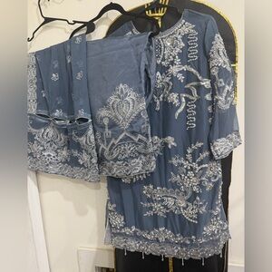 Embroidered Slate Blue Women's Dress with Dupatta
